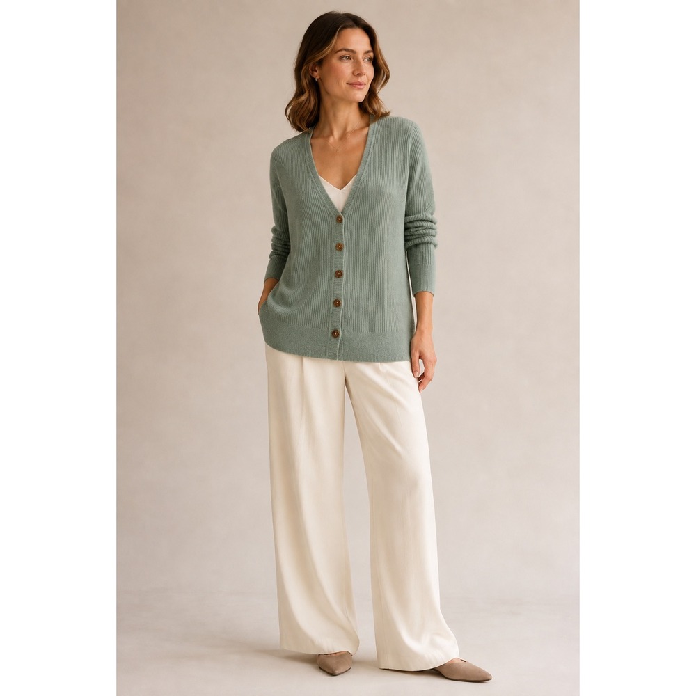 Charter Club Luxury 100% Cashmere Ribbed Cardigan L Sage Green Longline